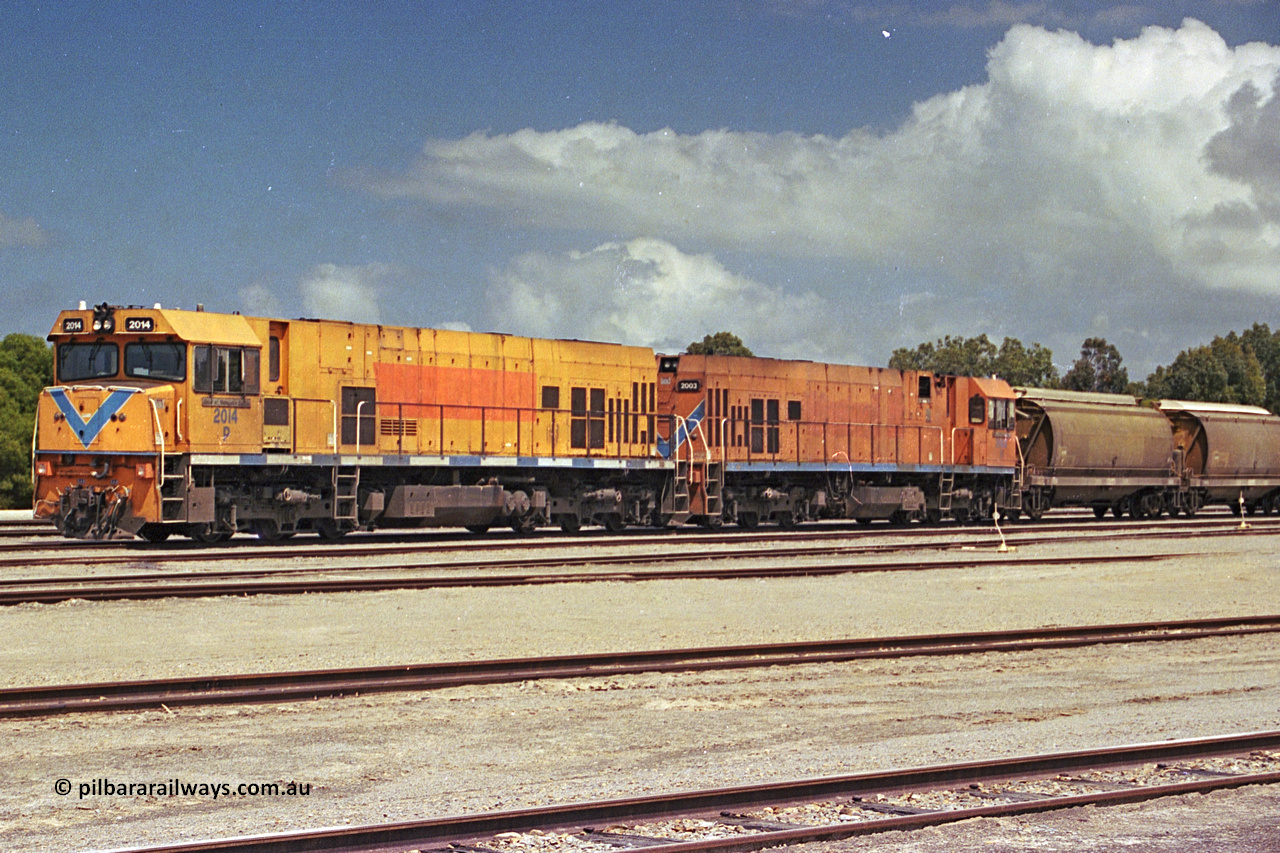 284-15
Narngulu, Geraldton, former Westrail P class loco P 2014 'Shire of Wongan-Ballidu' built by Goninan WA as a GE CM25-8 model with serial number 6320-12 / 90-099 sits in the yard on empty grain waggons with sister loco P 2003. November 9, 2004.
Keywords: P-class;P2014;Goninan-WA;GE;CM25-8;6320-12/90-099;