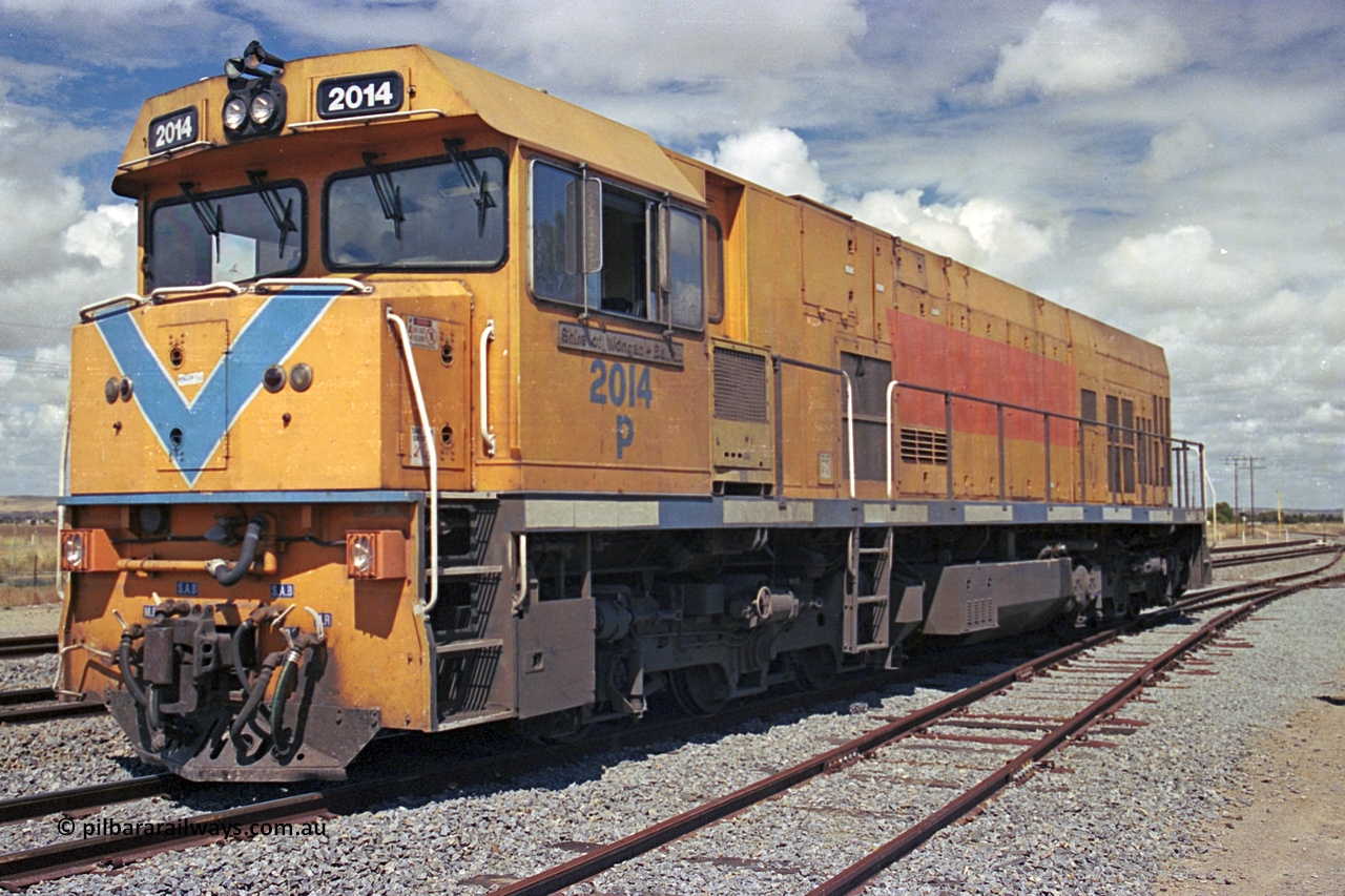 284-23
Narngulu, Geraldton, former Westrail P class loco P 2014 'Shire of Wongan-Ballidu' built by Goninan WA as a GE CM25-8 model with serial number 6320-12 / 90-099 sits in the yard in-between shunt movements. November 10, 2004.
Keywords: P-class;P2014;Goninan-WA;GE;CM25-8;6320-12/90-099;