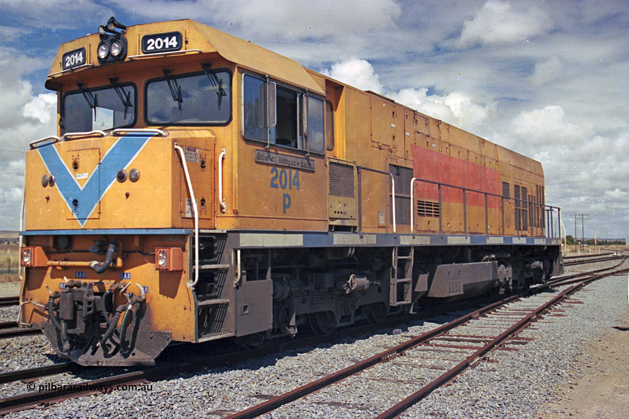 284-24
Narngulu, Geraldton, former Westrail P class loco P 2014 'Shire of Wongan-Ballidu' built by Goninan WA as a GE CM25-8 model with serial number 6320-12 / 90-099 sits in the yard in-between shunt movements. November 10, 2004.
Keywords: P-class;P2014;Goninan-WA;GE;CM25-8;6320-12/90-099;