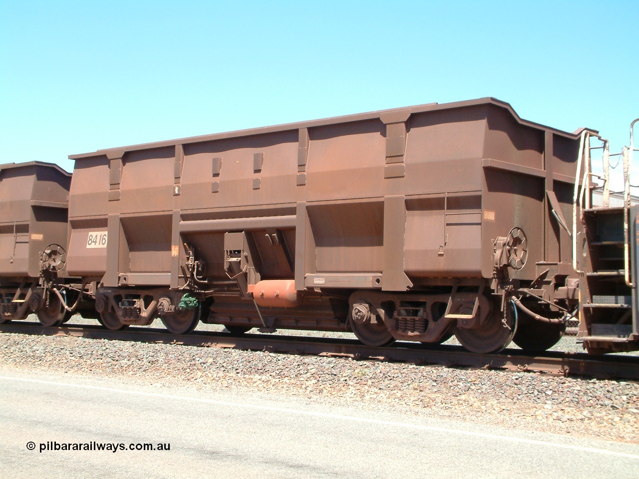 040409 121920
Boodarie, Goninan built Golynx waggon 8416 with serial number 950088-326 from November 2011, which is a modified version of the BHP mainline waggons for service on the Goldsworthy system as a bottom discharge waggon. 9th of April 2004.
Keywords: 8416;Goninan-WA;Golynx;950088-326;BHP-ore-waggon;