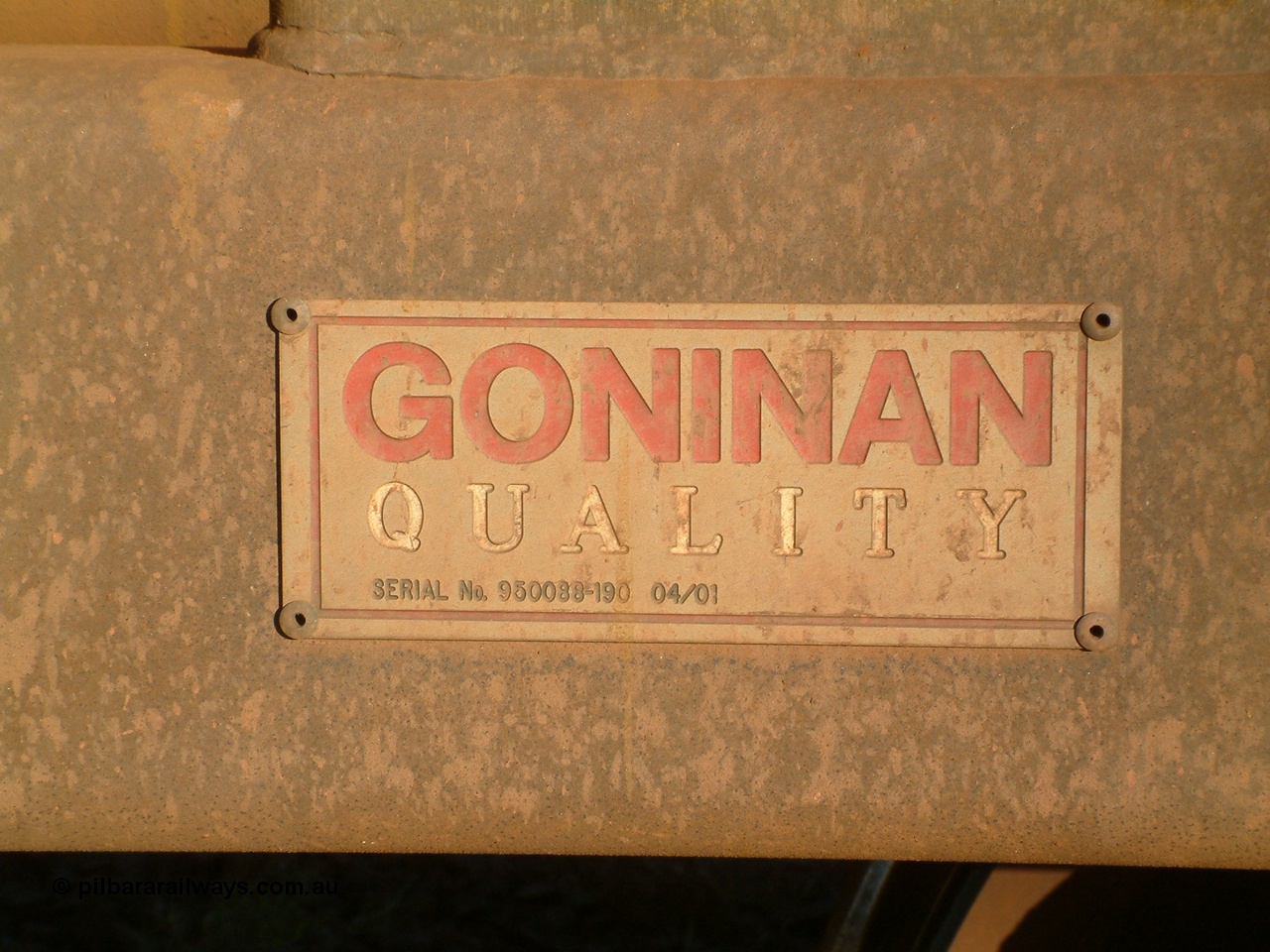 040815 165508
Nelson Point Car Dumper 3, builders plate of Goninan built replacement ore waggon 2063, one of a batch of 345 waggons built to the new Lynx Engineering design known as the Golynx waggons serial 950088-190 and build date 04/2001. 15th August 2004.
Keywords: 2063;Goninan-WA;Golynx;BHP-ore-waggon;