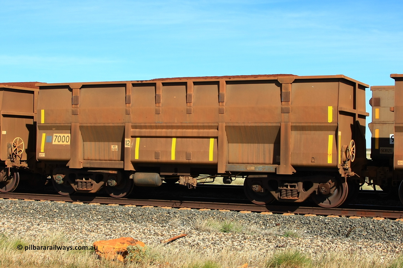 110620 2020r
Walla Siding, empty BHP ore waggon 7000, a Goninan WA build of the Golynx design from April 2008. 20th of June 2011.
Keywords: 7000;Goninan-WA;Golynx;BHP-ore-waggon;