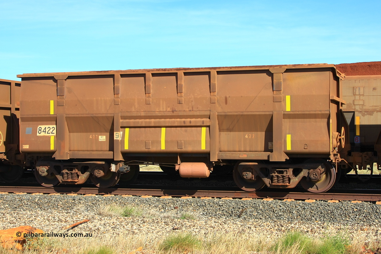 110620 2027r
Walla Siding, empty BHP ore waggon 8422 is a Goninan WA build of the Golynx design built in May 2005 as a bottom discharge waggon for Goldsworthy service with serial number 950141-002. Now converted to rotary dump operation. 20th of June 2011.
Keywords: 8422;Goninan-WA;Golynx;950141-002;GML-waggon;BHP-ore-waggon;