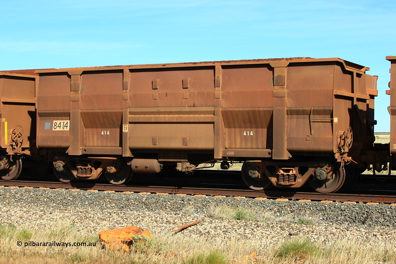 110620 2031r
Walla Siding, empty BHP ore waggon 8414 is a Goninan WA build of the Golynx design built in November 2001 as a bottom discharge waggon for Goldsworthy service with serial number 950088-344. Now converted to rotary dump operation. 20th of June 2011.
Keywords: 8414;Goninan-WA;Golynx;950088-344;GML-waggon;BHP-ore-waggon;