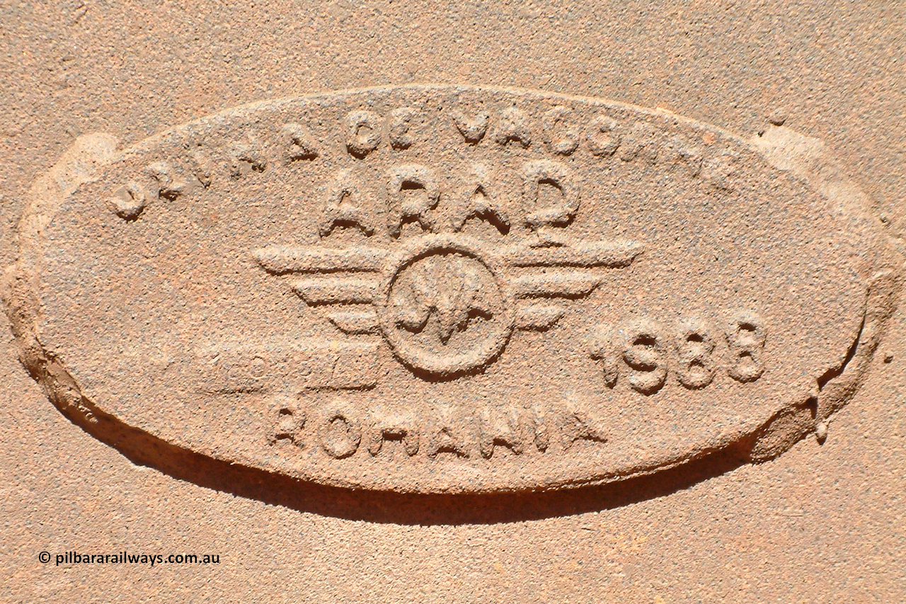 3294 Astra Vagoane 040805 130640
Builders plate on 3294, one of three hundred and fifty waggons built during 1988 by Astra Vagoane of Arad in Romania for Lang Hancock as part of a 'waggons for iron ore arrangement' with the then Romanian government, however only seventy-five found their way into service with BHP. August 5, 2004.
Keywords: 3294;Astra-Vagoane-Arad-Romania;BHP-ore-waggon;