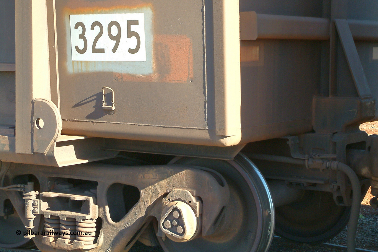 3295 Astra Vagoane 040804 154952
Nelson Point, BHP ore waggon 3295 showing the rounded corners of these builds, one of three hundred and fifty waggons built during 1988 by Astra Vagoane of Arad in Romania for Lang Hancock as part of a 'waggons for iron ore arrangement' with the then Romanian government, however only seventy-five found their way into service with BHP. August 4, 2004.
Keywords: 3295;Astra-Vagoane-Arad-Romania;BHP-ore-waggon;