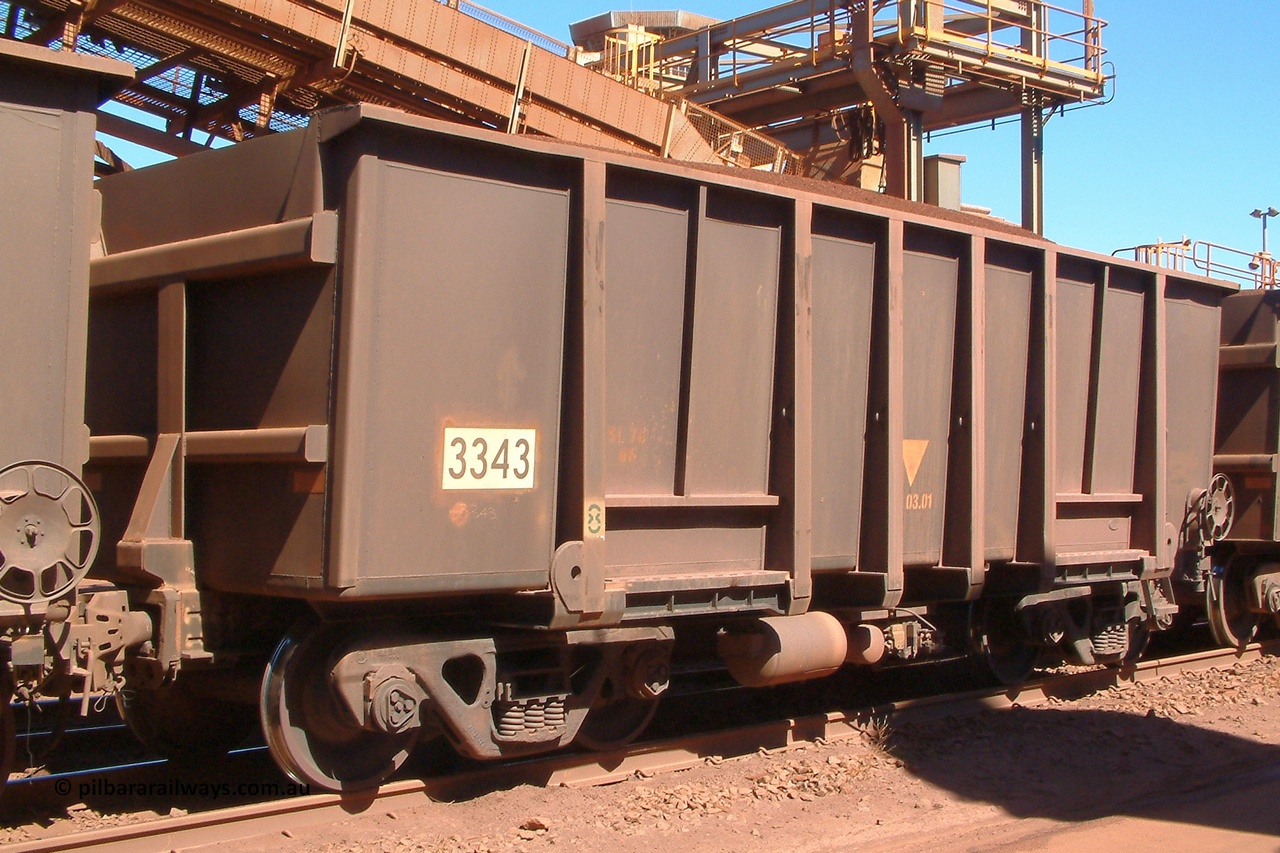 3343 Astra Vagoane 040805 130718
Nelson Point, empty BHP ore waggon 3343 is one of three hundred and fifty waggons built during 1988 by Astra Vagoane of Arad in Romania for Lang Hancock as part of a 'waggons for iron ore arrangement' with the then Romanian government, however only seventy-five found their way into service with BHP. August 5, 2004.
Keywords: 3343;Astra-Vagoane-Arad-Romania;BHP-ore-waggon;