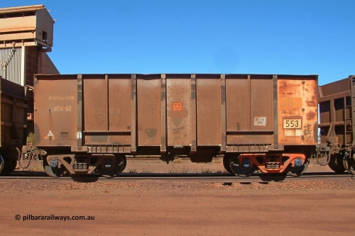 0553 Magor 030712 142543
Nelson Point, empty BHP ore waggon 553, one of the original Magor USA build waggons bought out at construction of the Mt Newman project. Visible is the ODCX code and number 82190 from the Oroville Dam Construction company days in the USA. Unsure of the MS6-82 code, the DZ 11-95 code was the late time it was internally painted to reduce wear and the SL 76 with 92 below it was the last time the Miner SL-76 draft gear was replaced. The orange smiley sticker indicates that this is an original 'Oroville Dam' ore waggon and non relayed AB braked. 12th of July 2003. 0 has been added to number to correctly place the waggon in sequence. July 12, 2003.
Keywords: 553;Magor-USA;BHP-ore-waggon;