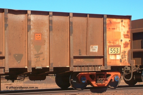 0553 Magor 030712 142557
Nelson Point, empty BHP ore waggon 553, one of the original Magor USA build waggons bought out at construction of the Mt Newman project. Visible is the ODCX code and number 82190 from the Oroville Dam Construction company days in the USA. The DZ 11-95 code was the late time it was internally painted to reduce wear and the SL 76 with 90 below it was the last time the Miner SL-76 draft gear was replaced. The orange smiley sticker indicates that this is an original 'Oroville Dam' ore waggon and non relayed AB braked. 12th of July 2003. 0 has been added to number to correctly place the waggon in sequence. July 12, 2003.
Keywords: 553;Magor-USA;BHP-ore-waggon;