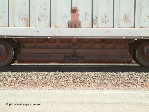 8345 Ported USA 040409 122950
Boodarie, Goldsworthy service bottom discharge Portec USA built ore waggon 345 is one of ten that was purchased second hand in 1992 from Phelps Dodge Copper Mine, believed to be built in 1980s. View of discharge door. 9th April 2004. 8 has been added to number to correctly place the waggon.
Keywords: 345;Portec-USA;BHP-ore-waggon;