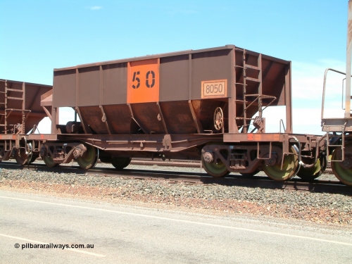 8050 Tomlinson Steel 040409 123052
Boodarie, Goldsworthy service bottom discharge Tomlinson Steel WA built ore waggon 8050. 9th April 2004.
Keywords: 8050;Tomlinson-Steel-WA;GML-waggon;BHP-ore-waggon;