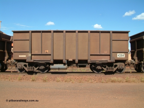 4384 Goninan 040412 143234
Nelson Point, a Goninan built ore waggon 4384, one of 126 such waggons constructed during 1997 out of 3CR12 stainless steel in an effort to eliminate painting and to reduce wear on the waggon body. Note the rounded bottom edge and tapered floor, this design was designated HC7081. 12th April 2004.
Keywords: 4384;Goninan-WA;BHP-ore-waggon;