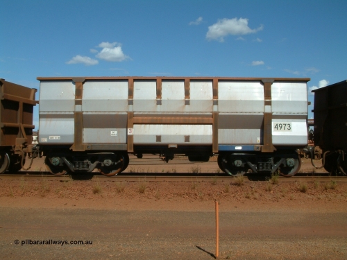4973 Goninan 040412 143652
Nelson Point, Goninan built, Lynx Engineering designed ore waggon 4973 made from 5Cr12Ti stainless steel these waggons are known as Golynx waggons, asset number 2032597 with build date 02/2004. 12th April 2004.
Keywords: 4973;Goninan-WA;Golynx;BHP-ore-waggon;
