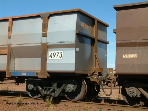 4973 Goninan 040412 143726
Nelson Point, Goninan built, Lynx Engineering designed ore waggon 4973 made from 5Cr12Ti stainless steel these waggons are known as Golynx waggons, asset number 2032597 with build date 02/2004. 12th April 2004.
Keywords: 4973;Goninan-WA;Golynx;BHP-ore-waggon;