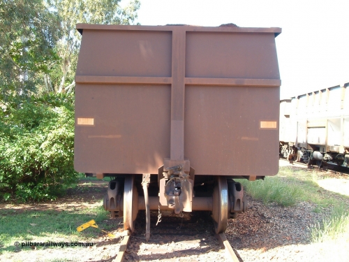 Goninan 040412 144321
Nelson Point, Goninan built, Lynx Engineering designed ore waggon known as Golynx waggons, one of 345 such waggons constructed during 2001 out of 3CR12 stainless steel in an effort to eliminate painting and to reduce wear on the waggon body, note broken knuckle. 12th April 2004.
Keywords: Goninan-WA;Golynx;BHP-ore-waggon;
