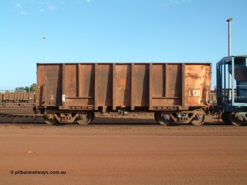 0581 Magor USA 041225 064755
Nelson Point Ore Car Repair Shop, original Magor USA built ore waggon 581, known as the 'Oro's', one of 144 built in 1963 and bought by the Mt Newman partners in 1968 from the Oroville Dam construction in California. 25th December 2004. 0 has been added to number to correctly place the waggon in sequence.
Keywords: 581;Magor-USA;BHP-ore-waggon;