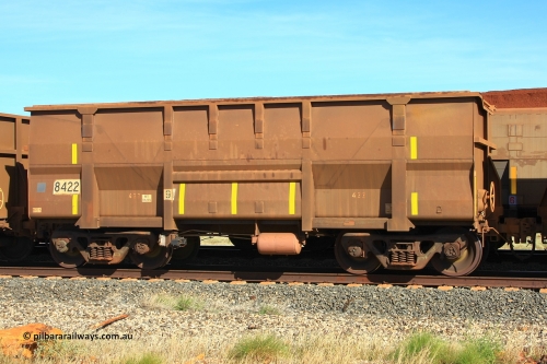 8422 Goninan 110620 2027
Walla Siding, empty BHP ore waggon 8422 is a Goninan WA build of the Golynx design built in May 2005 as a bottom discharge waggon for Goldsworthy service with serial number 950141-002. Now converted to rotary dump operation. June 20, 2011.
Keywords: 8422;Goninan-WA;Golynx;950141-002;GML-waggon;BHP-ore-waggon;