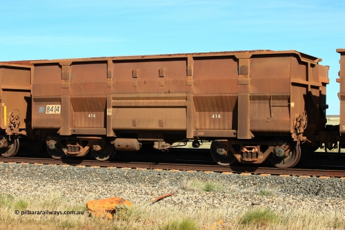 8414 Goninan 110620 2031
Walla Siding, empty BHP ore waggon 8414 is a Goninan WA build of the Golynx design built in November 2001 as a bottom discharge waggon for Goldsworthy service with serial number 950088-344. Now converted to rotary dump operation. June 20, 2011.
Keywords: 8414;Goninan-WA;Golynx;950088-344;GML-waggon;BHP-ore-waggon;