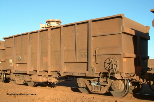 1283 Comeng 040815 165746
Nelson Point Car Dumper 2, a waggon originally built by Comeng WA in 1973-74 and numbered 1283. But note the rounded bottom edge, this shows that it is a rebuilt ore waggon with 3CR12 stainless steel sides, while the ends, transoms and side ribs are the originals. These waggons were originally of a plain steel construction and were painted inside to prevent rust and wear. 15th August 2004.
Keywords: 1283;Comeng-WA;BHP-ore-waggon;