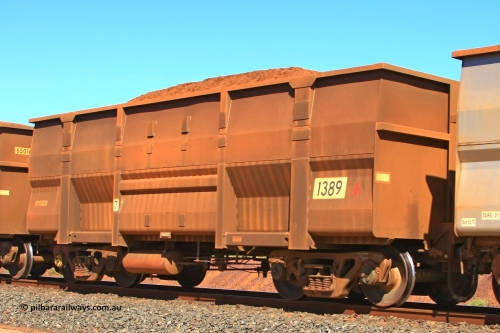 1389 Goninan 110414 0119
Boodarie, loaded BHP Iron Ore Waggon 1389, a Goninan WA replacement 3Cr12 body, has original Comeng build undergear. April 14, 2011.
Keywords: 1389;Goninan-WA;BHP-ore-waggon;