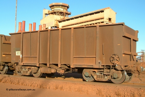 1855 Comeng 040815 165338
Nelson Point, Car Dumper 3, empty BHP Iron Ore waggon 1855, a Comeng WA build from batch of 175 built in 1975, looks to have been partially resheeted. August 15, 2004.
Keywords: 1855;Comeng-WA;BHP-ore-waggon;