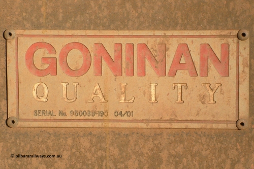 2063 Goninan 040815 165508
BHP Iron Ore waggon 2063 builders plate, a Goninan WA build in a batch of 345 and the first Golynx builds, serial number 950088-190 built in April 2001. August 15, 2004.
Keywords: 2063;Goninan-WA;BHP-ore-waggon;