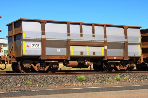2108 UGL 110414 0146
Boodarie, empty BHP Iron Ore waggon 2108, a Golynx build replacement body by United Goninan Limited WA, new build from February 2011. Original Comeng build undergear. The 5Cr12Ti decal is the type of steel the body is made of. April 14, 2011.
Keywords: 2108;UGL-WA;BHP-ore-waggon;