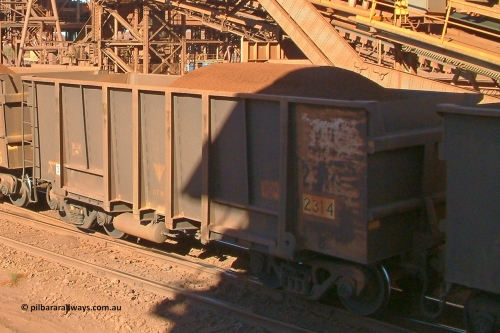 2314 Comeng 040718 151533
Nelson Point, Car Dumper 1, loaded BHP Iron Ore waggon 2314, an original Comeng build from the second batch in 1970, looks to still be pretty original apart from the scalloped ends filled in. July 18, 2004.
Keywords: 2314;Comeng-WA;BHP-ore-waggon;