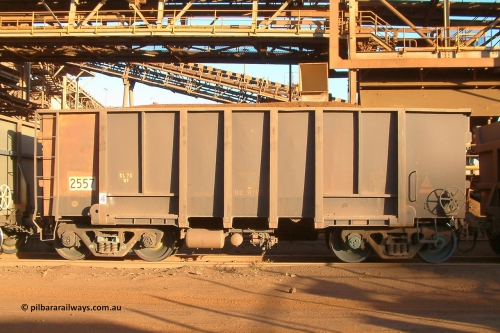 2557 Comeng 040815 170500
Nelson Point, Car Dumper 1, loaded BHP Iron Ore waggon 2557, a Comeng WA build from the fourth batch built in 1970. August 15, 2004.
Keywords: 2557;Comeng-WA;BHP-ore-waggon;