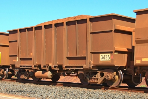 3426 Goninan 110414 0116
Boodarie, loaded BHP Iron Ore waggon 3426, a Goninan 3Cr12 type flat floor built from November 1997 with asset number 802362. April 14, 2011.
Keywords: 3426;Goninan-WA;BHP-ore-waggon;