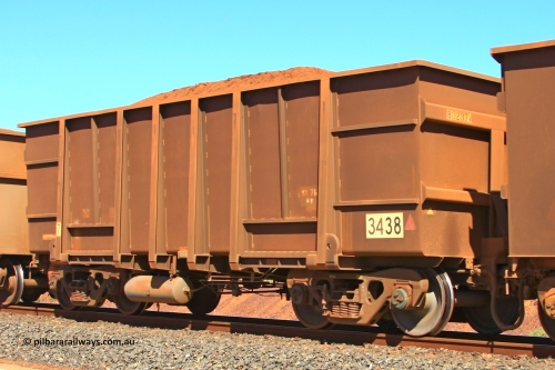 3438 Goninan 110414 0122
Boodarie, loaded BHP Iron Ore waggon 3438, a Goninan 3Cr12 type flat floor built from November 1997 with asset number 802374. April 14, 2011.
Keywords: 3438;Goninan-WA;BHP-ore-waggon;