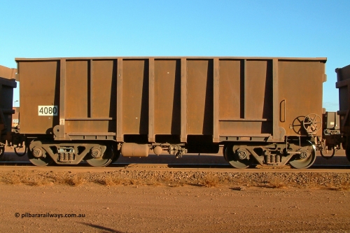 4080 Comeng 040815 165654
Nelson Point Car Dumper 3, an original Comeng built ore waggon dating from a batch of 86 built in 1980, numbered 4080 with a build date of August 1980 which has had the walls resheeted. 15th August 2004.
Keywords: 4080;Comeng-WA;BHP-ore-waggon