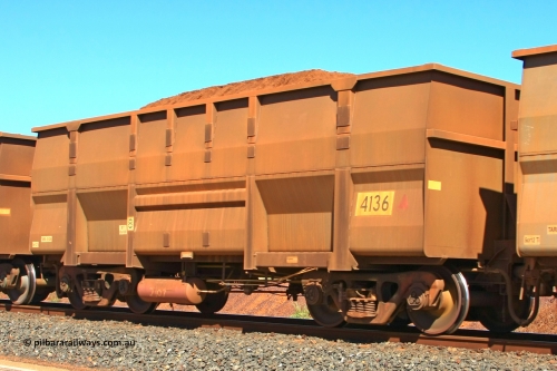 4136 UG 110414 0124
Boodarie, loaded BHP Iron Ore Waggon 4136, a United Goninan WA replacement body built September 2008. Has original Comeng build 2107s undergear. April 14, 2011.
Keywords: 4136;United-Goninan-WA;BHP-ore-waggon