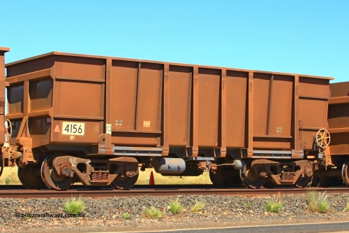 4156 Goninan 110414 0152
Boodarie, empty BHP Iron Ore waggon 4156, a Goninan tapered floor build from 1997, model HC7081, similar design to the earlier Transfield builds. April 14, 2011.
Keywords: 4156;Goninan-WA;BHP-ore-waggon