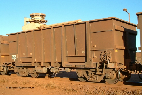 4239 Goninan 040815 165832
Nelson Point Car Dumper 3, a new Goninan built ore waggon 4239, one of 126 such waggons constructed during 1997 out of 3CR12 stainless steel in an effort to eliminate painting and to reduce wear on the waggon body. Note the rounded bottom edge and tapered floor, this design was designated HC7081. 15th August 2004.
Keywords: 4239;Goninan-WA;BHP-ore-waggon;