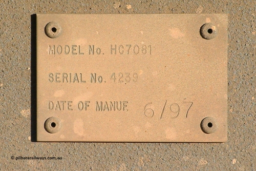 4239 Goninan 040815 165856
BHP Iron Ore waggon 4239 builders plate, a Goninan build, this design with a tapered floor, similar to the Transfield builds, was designated HC7081. August 15, 2004.
Keywords: 4239;Goninan-WA;BHP-ore-waggon