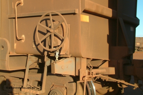 4239 Goninan 040815 165914
Nelson Point Car Dumper 3, a new Goninan built ore waggon 4239, one of 126 such waggons constructed during 1997 out of 3CR12 stainless steel in an effort to eliminate painting and to reduce wear on the waggon body. Note the rounded bottom edge and tapered floor, this design was designated HC7081. 15th August 2004.
Keywords: 4239;Goninan-WA;BHP-ore-waggon