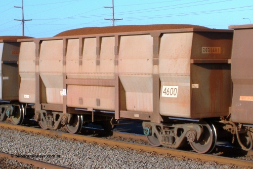 4600 UG 041001 165430
Redbank, loaded BHP Iron Ore waggon 4600, a United Goninan build from August 2003. Asset number 2031401. The first build of the new ordering strategy of ordering rakes of 120 waggons. 4600 was the first of some 22 or so rakes of 120 waggons built by Goninan for BHP over some eight years until the Chinese builds took over. October 1, 2004.
Keywords: 4600;United-Goninan-WA;BHP-ore-waggon