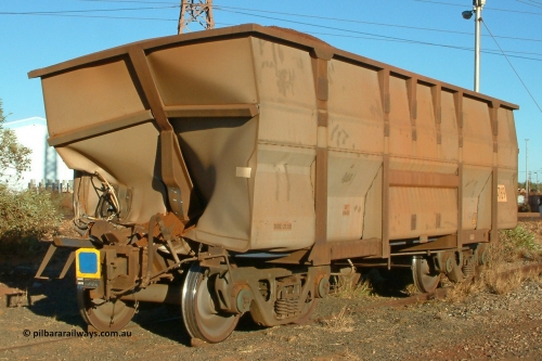 4769 UG 040627 075236
Nelson Point, damaged BHP Iron Ore waggon 4769, a United Goninan Golynx build from September 2003 with serial number 950115-050. The indexing arm on Car Dumper 3 has damaged the waggon. June 27, 2004.
Keywords: 4769;United-Goninan-WA;BHP-ore-waggon