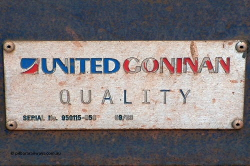 4769 UG 040911 124352
Nelson Point, builders plate on BHP Iron Ore waggon 4769, a United Goninan Golynx build from September 2003 with serial number 950115-050. September 11, 2004.
Keywords: 4769;United-Goninan-WA;BHP-ore-waggon;