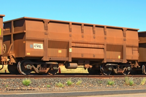 4946 UG 110414 0155
Boodarie, empty BHP Iron Ore waggon 4946, a Golynx build by Goninan WA from February 2002. The faded 5Cr12Ti decal is the type of steel the body is made of. April 14, 2011.
Keywords: 4946;United-Goninan-WA;BHP-ore-waggon