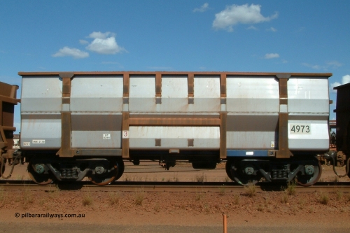 4973 Goninan 040412 143652
Nelson Point, Goninan built, Lynx Engineering designed ore waggon 4973 made from 5Cr12Ti stainless steel these waggons are known as Golynx waggons, asset number 2032597 with build date 02/2004. 12th April 2004.
Keywords: 4973;Goninan-WA;Golynx;BHP-ore-waggon;