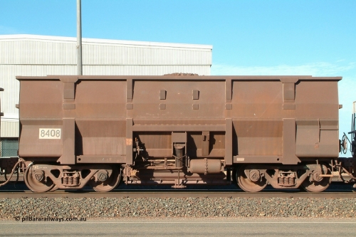 8408 Goninan 040502 080108
Boodarie, Goninan built Golynx waggon 8408 which is a modified version of the BHP mainline waggons for service on the Goldsworthy system as a bottom discharge waggon. 2nd May 2004.
Keywords: 8408;Goninan-WA;Golynx;BHP-ore-waggon;