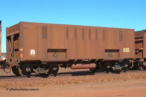 9021 Comeng 030712 142242
Nelson Point, empty BHP ore waggon 9021, originally built by Comeng in Mittagong NSW as a part of seven prototype ore waggons made from low carbon 301 stainless steel with an higher volume and aerodynamic flat sides and were bogieless with four independent radial wheel sets. Of the seven waggon, the first four had a flat floor and final three had a drop belly floor. The radial wheel sets were later replaced with conventional bogies. July 12, 2003.
Keywords: 9021;Comeng-NSW;BHP-ore-waggon;