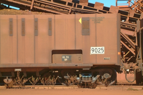 9025 Comeng 030712 143234
Nelson Point, empty BHP ore waggon 9025 with drop belly floor, originally built by Comeng in Mittagong NSW as a part of seven prototype ore waggons made from low carbon 301 stainless steel with an higher volume and aerodynamic flat sides and were bogieless with four independent radial wheel sets. Of the seven waggon, the first four had a flat floor and final three had a drop belly floor. The radial wheel sets were later replaced with conventional bogies. 12th of July 2003.
Keywords: 9025;Comeng-NSW;BHP-ore-waggon;