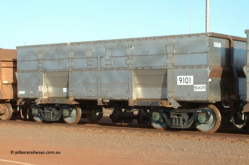 9101 Bradken 041225 064634
Nelson Point Ore Car Repair Shops, brand new Bradken NSW built ore waggon 9101 asset number 2031703. These waggons are the latest additions to the fleet with 20 on order in total. They are made from the same 5Cr12Ti steel that the Goninan Golynx waggons are made. 25th December 2004.
Keywords: 9100;Bradken-NSW;BHP-ore-waggon;