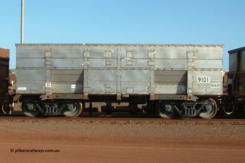 9101 Bradken 041225 064654
Nelson Point Ore Car Repair Shops, brand new Bradken NSW built ore waggon 9101 asset number 2031703. These waggons are the latest additions to the fleet with 20 on order in total. They are made from the same 5Cr12Ti steel that the Goninan Golynx waggons are made. 25th December 2004.
Keywords: 9101;Bradken-NSW;BHP-ore-waggon;