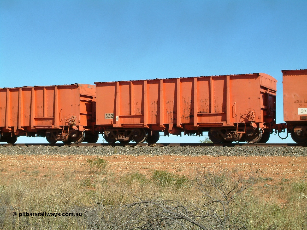 040806 092732
Goldsworthy Junction, weighbridge test waggon 522, originally built by Magor USA and ex Oroville Dam, converted by Mt Newman Mining into a 20 ton axle load test waggon.
