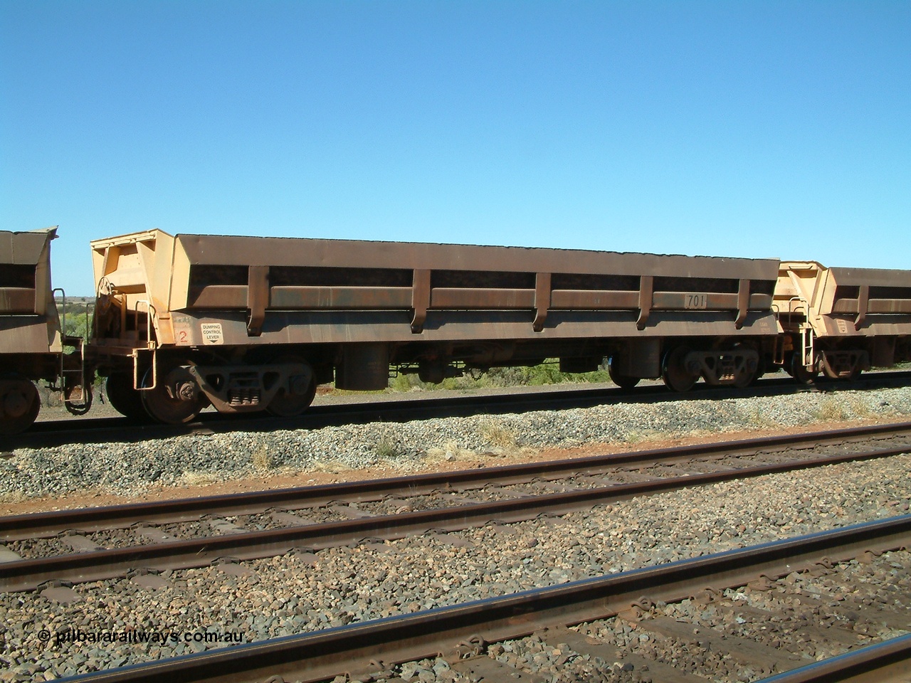 040810 144845
Shaw Siding backtrack, built by Difco Ohio USA in 1971, long side dump waggon 701, one of four such waggons built for Mt Newman.
Keywords: Difco-Ohio-USA;BHP-ballast-waggon;