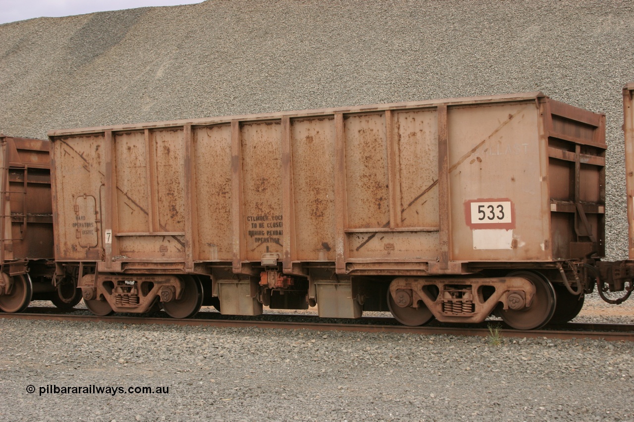 050412 0767
Quarry 8, Shaw Siding area. 3/4 view of 1963 built Magor USA waggon 533, originally in ore service before conversion to a ballast waggon.
Keywords: Magor-USA;BHP-ballast-waggon;